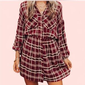 NWOT Burgundy Plaid Shirt Dress W/ Long Sleeves & Cinched Waist by "HYFVE"
